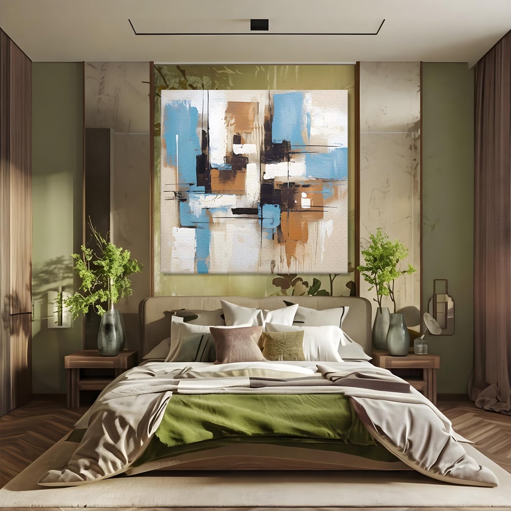 Tablou canvas cu pictura abstracta cu forme geometrice albastre, fara rama, pe sasiu de lemn, pe perete intr-un dormitor